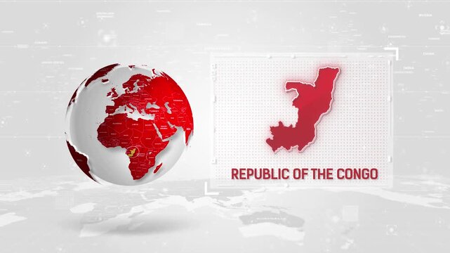 Republic of the Congo 4K Tech Map Beside Globe On White Background.