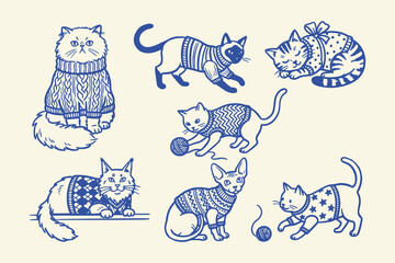 Cats wearing blue knitted sweaters playing with yarn Vector, illustration © Jrdesign0