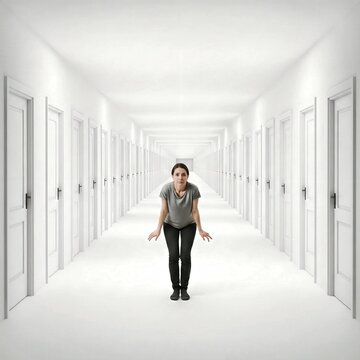 A person overwhelmed in a hallway of infinite doors paradox of choice concept