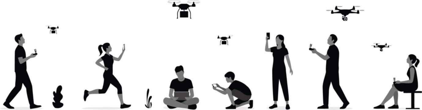 People Using Drone Technology Outdoor Lifestyle Aerial Photography and Modern Remote Control Concept Illustration