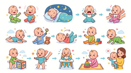 Fototapeta premium Baby Development Milestones from Infancy to Toddler Growth Cartoon Vector Illustration Set
