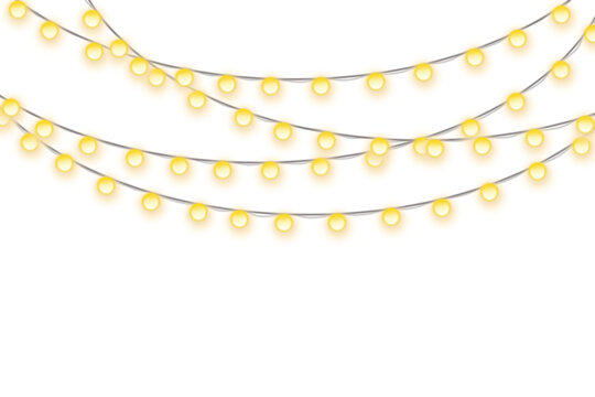 Decorative festive fairy light strings hanging on white background with isolated