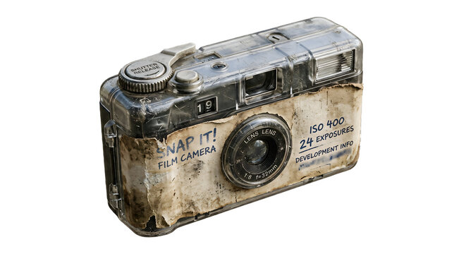 Retro disposable camera shot at a dynamic angle scratched plastic casing
