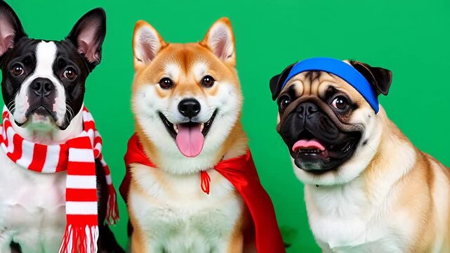 Festive green screen clip of Boston Terrier, Shiba Inu and Pug in striped scarves, capes and headscarves, slow horizontal pan shot, cute cartoon pet group footage with replaceable editable background