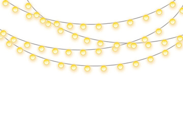 Fototapeta premium Hanging golden christmas string lights isolated on white background