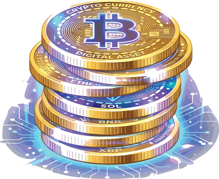 Golden Cryptocurrency Coin Stack Vector Illustration with Bitcoin Ethereum Solana Binance Coin and Ripple Tokens for Digital Asset and Fintech Designs