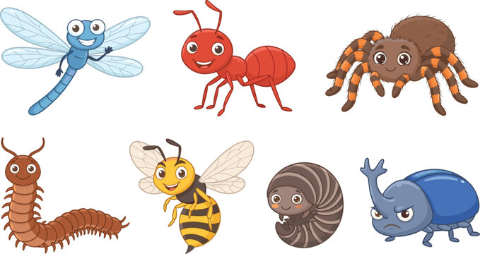 Cute cartoon bugs vector set with friendly insect characters dragonfly ant bee spider and beetle for kids illustrations