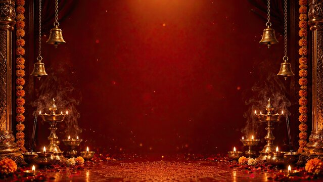 Festive durga puja background with traditional oil lamps and floral decorations for celebrations