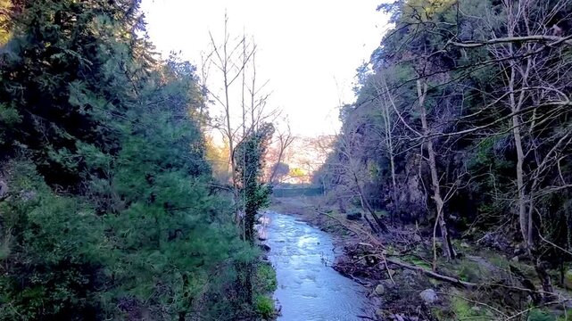 Drone aerial perspective of Kurşunlu river valley in Manisa forested mountains Turkey tourism destination