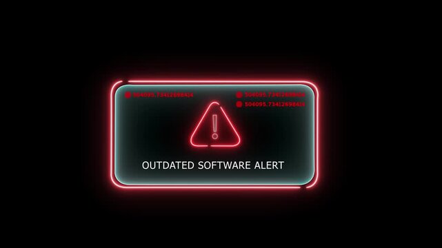 Digital outdated software alert notification hud with glowing red neon warning triangle and rapidly changing data code stream for cyber security, system maintenance, and tech ui
