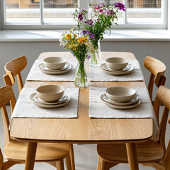 Fototapeta premium Modern oak dining table with four wooden chairs, neutral tableware, linen placemats, and fresh wildflower bouquets in glass vases by window