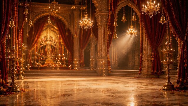 Durga puja festival decorations with golden lights and idols