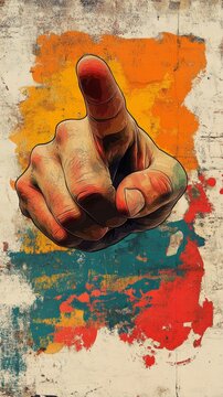 A gritty, illustrated hand points accusingly forward against a distressed, colorful background, symbolizing confrontation.