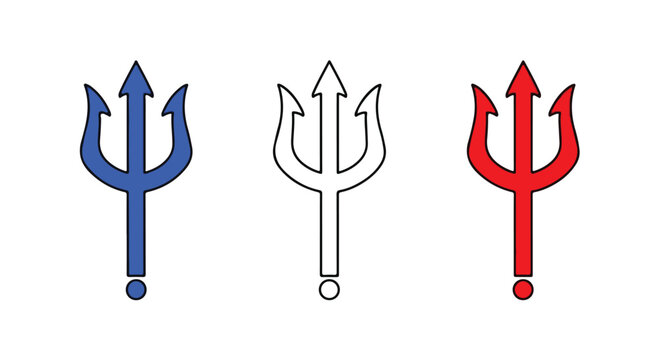 Three colored trident icons in blue white and red with circular handles.