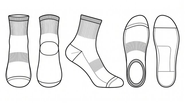 Socks Template Technical Drawing Mockup Vector Set - Crew and No-Show Styles Line Art