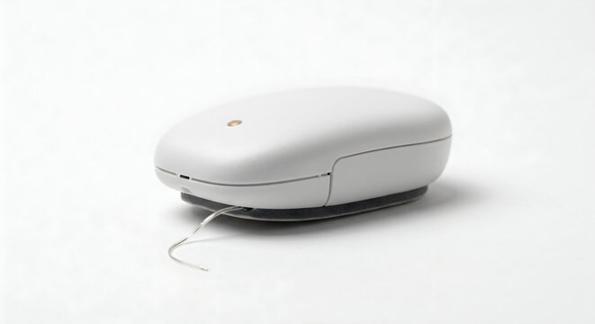 Biohacking glucose sensor device no logos sleek white matte plastic shell microscopic skin contact sensor wire isolated studio product shot white background