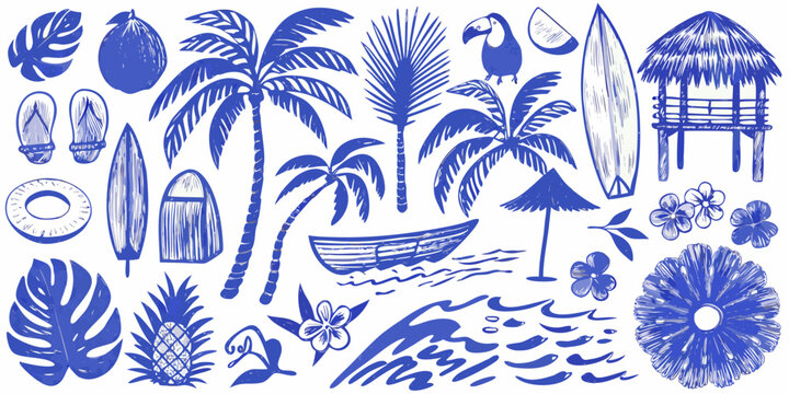 tropical elements detailed illustration blue and white palm tree surfboard parrot hut flower boat flip flops pineapple sketch vector pattern beach summer