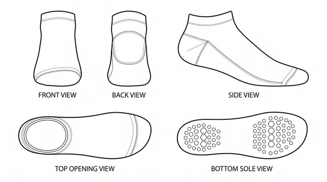Ankle Sock Technical Drawing Template with Multiple Views and Non-Slip Sole Detail