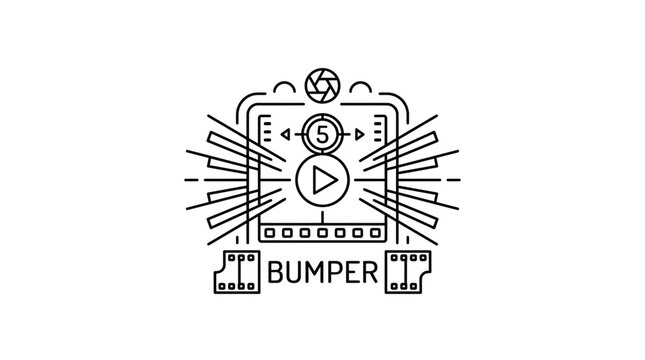 Video bumper with play button, film reel, and camera lens icon