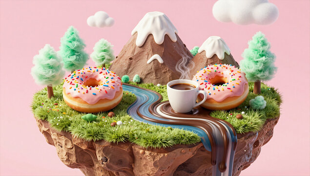 Surreal Floating Island with Coffee River and Donut Mountains