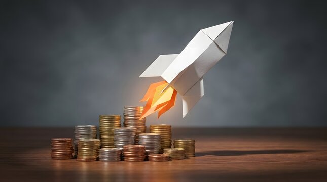 Origami paper rocket launching over stacks of coins against dark background.