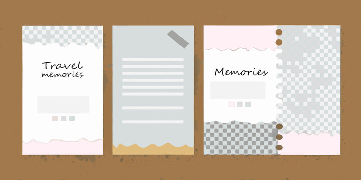 three vertical scrapbook layout templates with decorative borders travel memories paper design template craft memory journaling diary checkered wavy stripes vector