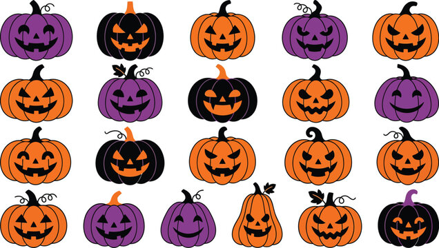 Halloween pumpkins faces orange purple black smiling scary laughing evil spooky  halloween pumpkins with different expressions