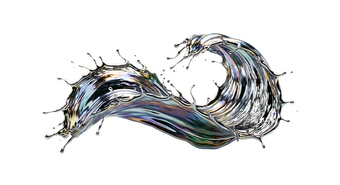 Isolated splash of molten platinum metal iridescent liquid silver wave mirror like chrome finishes smooth organic curves 3D render white background