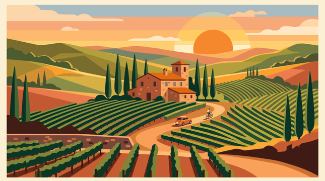 Scenic Tuscan vineyard landscape at sunset with rolling hills, cypress trees, and a farmhouse, evoking a feeling of tranquility and rustic charm