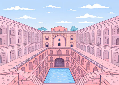 Agrasen Ki Baoli stepwell perspective, premium architectural vector illustration, limited beige brown palette, deep geometric perspective