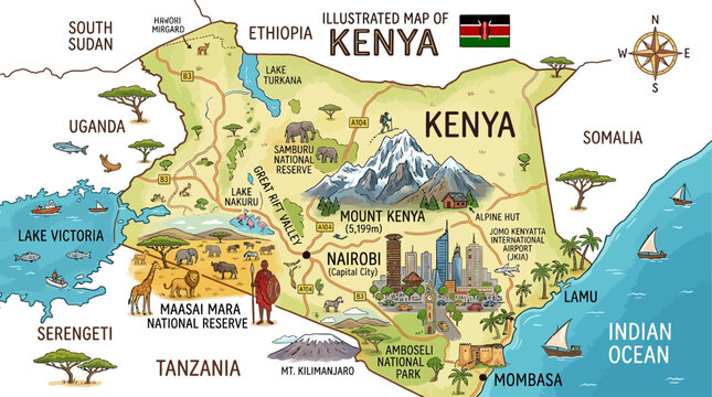 Illustrated map of Kenya, safari travel vector poster