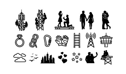 Romantic couple and extreme tower climbing adventure icon set, marriage proposal and safety gear vector silhouettes © Shahanaj