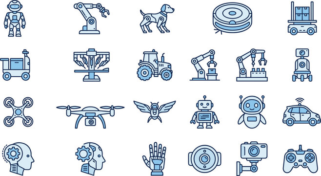 Industrial automation vector icons set with clean line art robotics elements AI cyborg head drone robotic arm and smart vehicle symbols