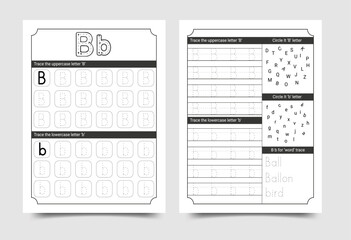 Educational alphabet letter b practice worksheet for children with tracing lines and activities alphabet worksheet education preschool © HR Studio