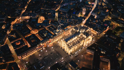 Duomo di milano square illuminated at night aerial view © Chris M