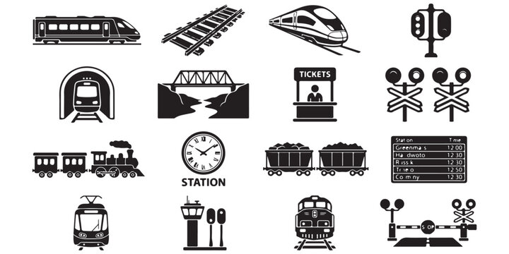Set of black and white railway and train transport icons for travel and logistics Vector