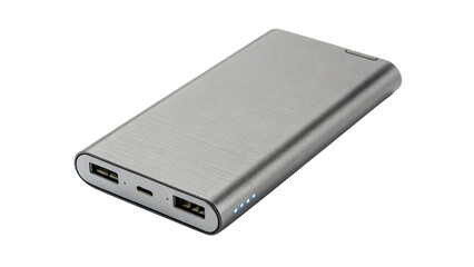 Modern metallic silver wireless power bank battery isolated on a transparent background © Lobov