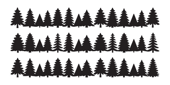 Set of black pine tree silhouettes isolated on transparent background for landscape forest design.