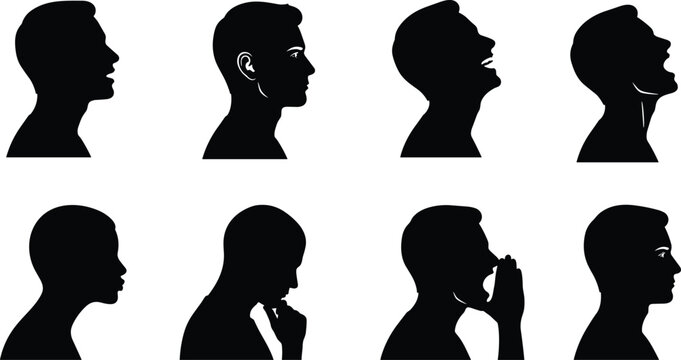 Set of Male Profile Silhouettes Featuring Various Facial Expressions Emotions and Communication Poses for Graphic Design Projects