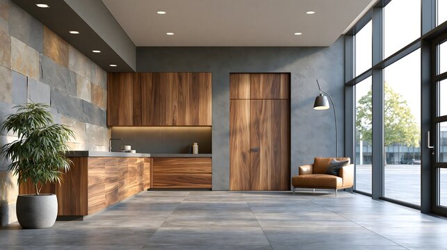 Premium home garage interior with elegant walnut cabinets, stone accent wall, hidden storage, minimalist design language, spacious empty floor, ultra realistic photography