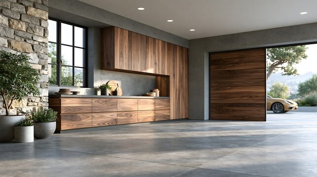 Premium home garage interior with elegant walnut cabinets, stone accent wall, hidden storage, minimalist design language, spacious empty floor, ultra realistic photography