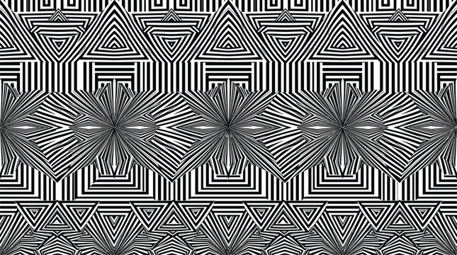 Abstract op art optical illusion seamless geometric pattern vector background with psychedelic black and white line art triangles and kaleidoscopic kaleidoscope texture