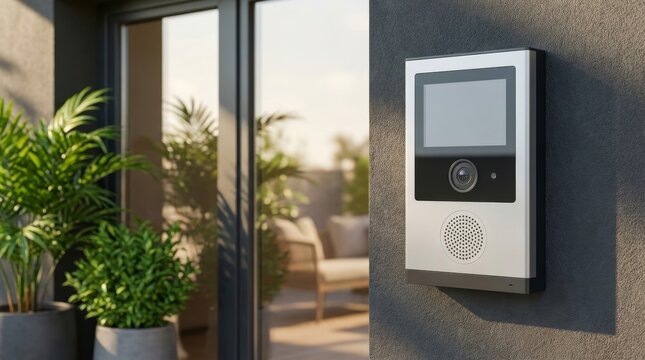 Modern silver video intercom and smart doorbell mounted on a contemporary exterior wall, realistic photo.