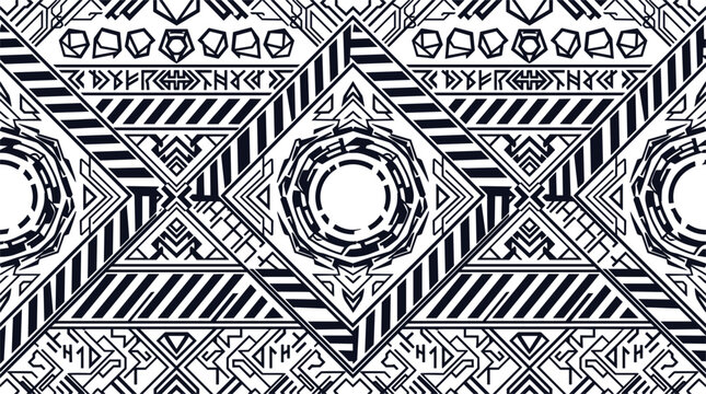 Abstract futuristic scifi tribal geometric seamless pattern vector background with black cyber tech diamonds runes and stripes for modern industrial textile design