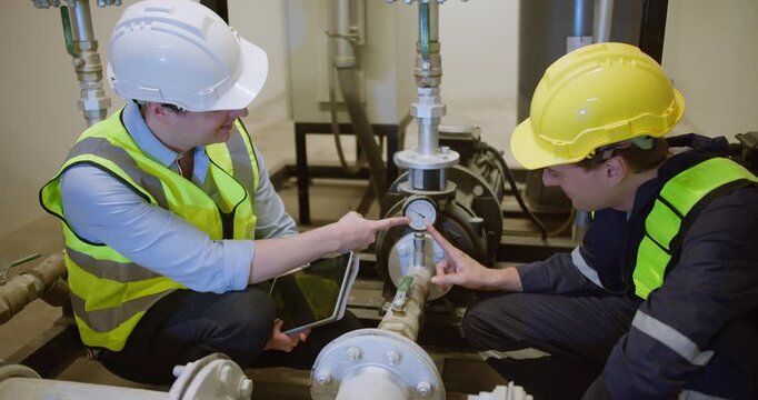 Two engineers are collaborating on industrial maintenance, inspecting a pressure gauge on heavy machinery in a factory to ensure system optimization and safety.