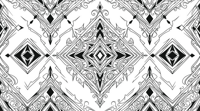 Abstract gothic seamless pattern vector background with ornate black geometric line art diamonds and baroque swirls for vintage textile luxury wallpaper design