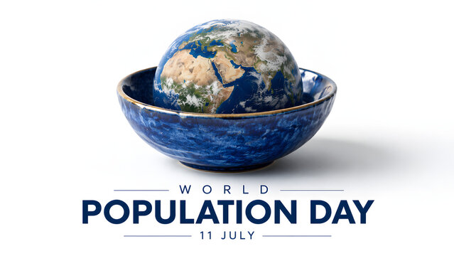 World population day concept with earth globe in a blue bowl isolated on white background