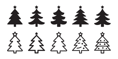 Obraz premium Black Christmas trees and outline icons with stars on transparent background for holidays.