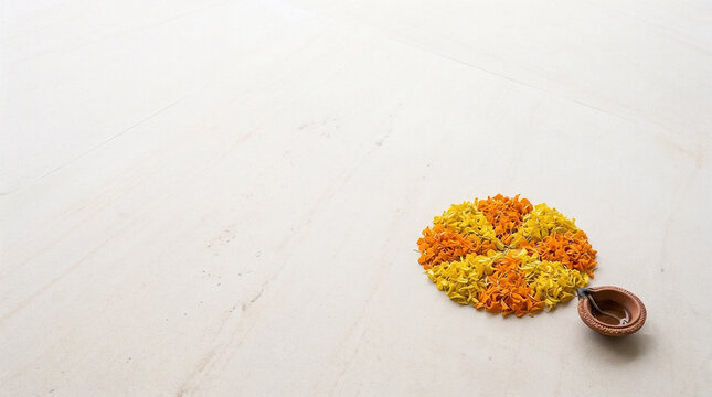 Minimalist Diwali celebration setting with marigold flower rangoli and traditional clay diya on marble floor