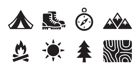 Vector camping equipment icon collection featuring tent boots compass mountain fire sun and map. © Mukti